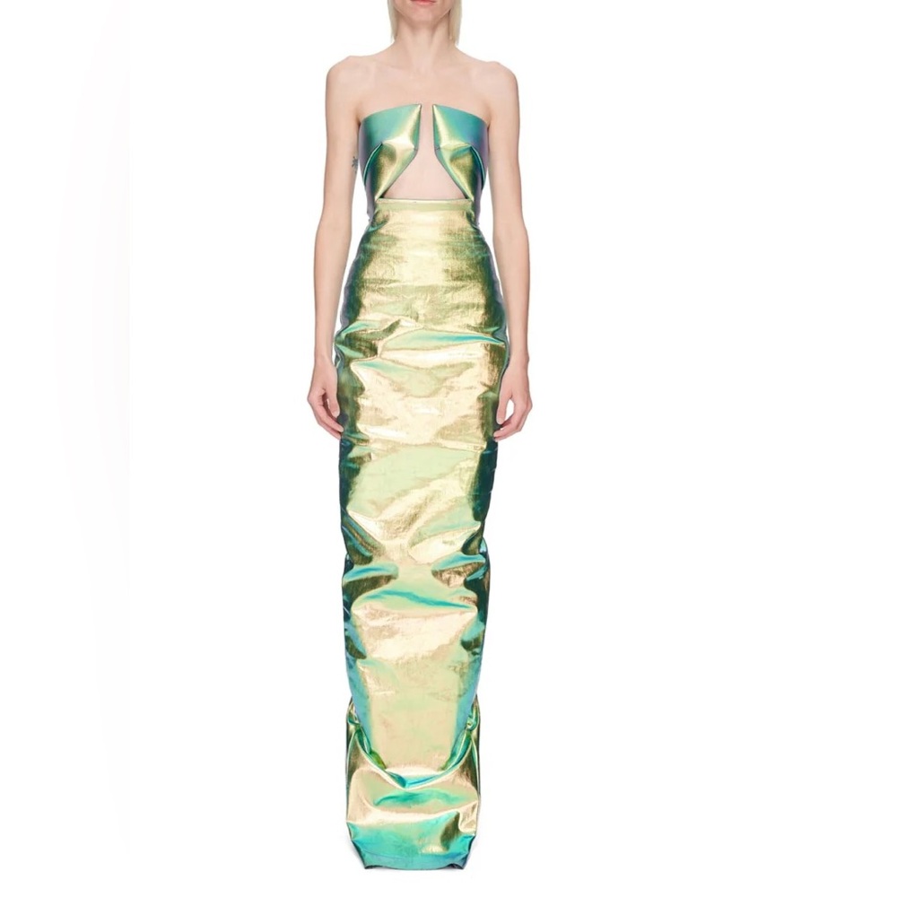 $1350 NWT RICK OWENS SS23 EDFU Prong Gown in Iridescent Stretch Denim – IT 46